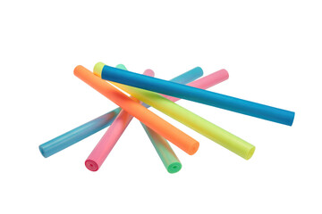 A pile of colorful, rolled-up foam pool noodles isolated on a transparent background. background removed