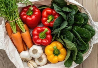 Grocery Tote Bag Filled With Fresh Red Yellow Peppers, Spinach, Carrots, and Garlic
