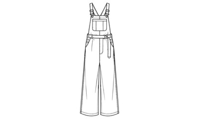 Wide-leg overalls sketch, fashion technical drawing, adjustable straps, square bib pocket, belted waist, garment construction, apparel template, clothing  , center seam, fashion CAD, 