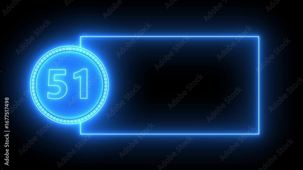 Poster blue neon circle with number 51 and rectangular frame on black background fifty one count