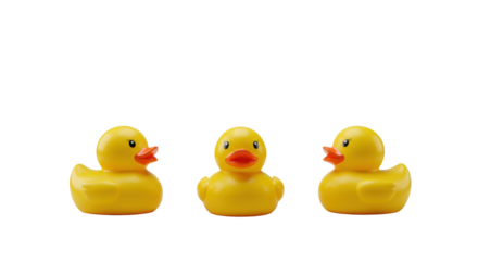 Three identical bright yellow rubber ducks facing forward, pristine and neatly arranged on a minimalist light tabletop with soft studio lighting, concept of user-friendly problem-solving