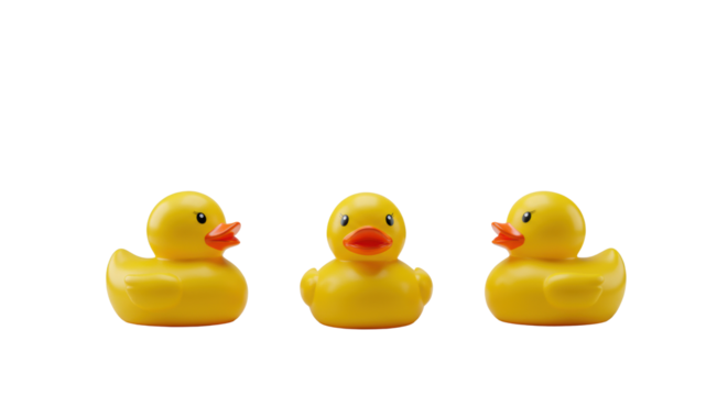 Three identical bright yellow rubber ducks facing forward, pristine and neatly arranged on a minimalist light tabletop with soft studio lighting, concept of user-friendly problem-solving