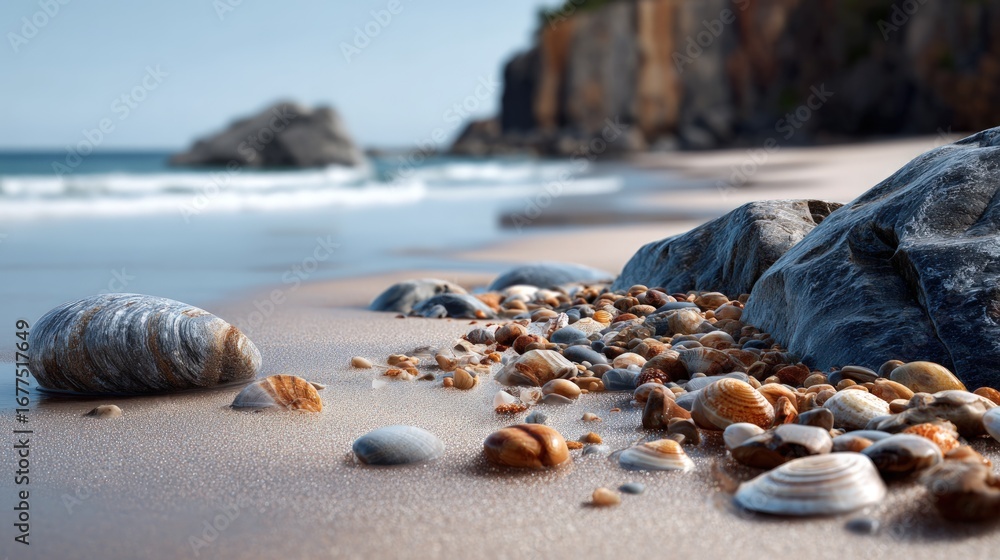 Poster a close-up view of a sandy beach with various seashells and stones, stretching towards a blurred bac