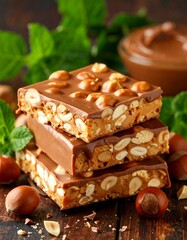 Chocolate hazelnut candy stacked on a wooden table