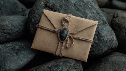 A rustic brown envelope, tied with twine and sealed with a dark stone, rests on a bed of dark, smooth stones
