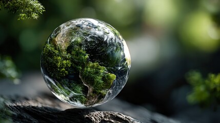 A serene, translucent globe depicts the Earth, adorned with lush greenery, resting delicately on a dark, natural stone surface, evoking a sense of tranquility and environmentalism.