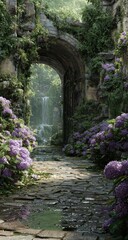 Overgrown stone archway leads to a hidden waterfall and path, flanked by vibrant purple hydrangeas and lush greenery