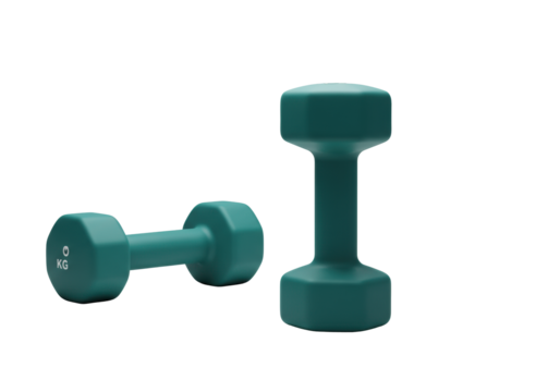 Two sleek, modern, vibrant teal and emerald green dumbbells, one upright in the foreground of a clean studio with a transparent background, concept of personal growth