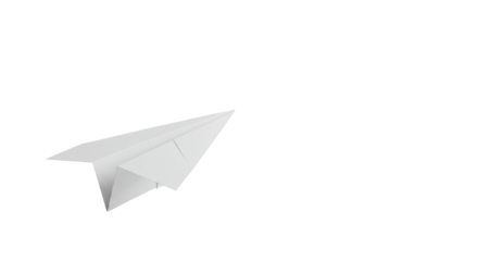 Perfectly folded white paper airplane on a transparent seamless studio surface, soft shadowless light, high-angle shot, negative space. Concept of innovation and potential