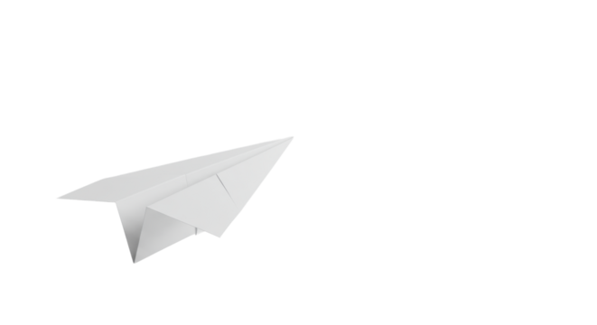Perfectly folded white paper airplane on a transparent seamless studio surface, soft shadowless light, high-angle shot, negative space. Concept of innovation and potential - Powered by Adobe