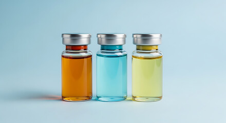 Three vials of different colored liquid on a blue background
