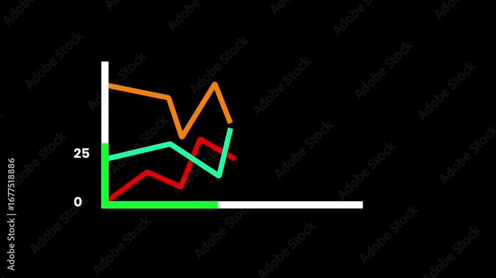 Poster colorful line graph with descending trends on black background chart data