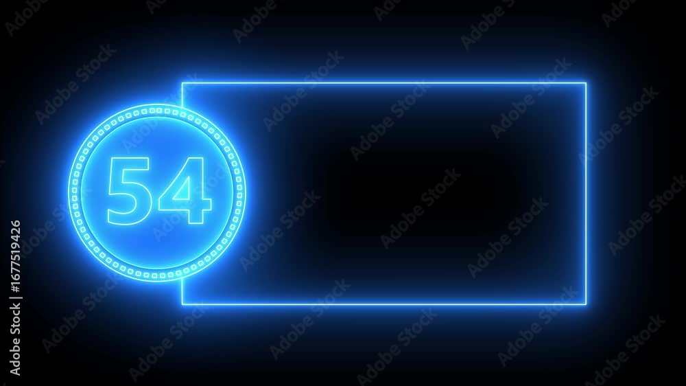 Poster blue neon number 54 in circle with empty rectangular neon frame on black fifty four numeral