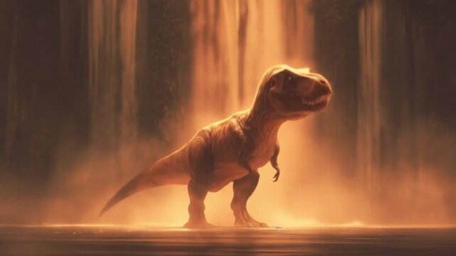 Animated T-Rex roars beneath a golden waterfall, glowing in warm, dramatic light