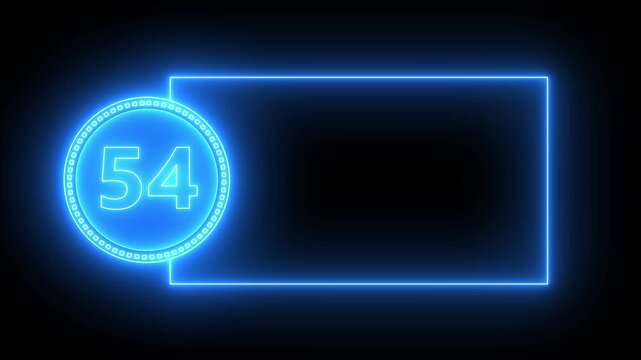 Blue Neon Number 54 in Circle with Empty Rectangular Neon Frame on Black fifty four numeral