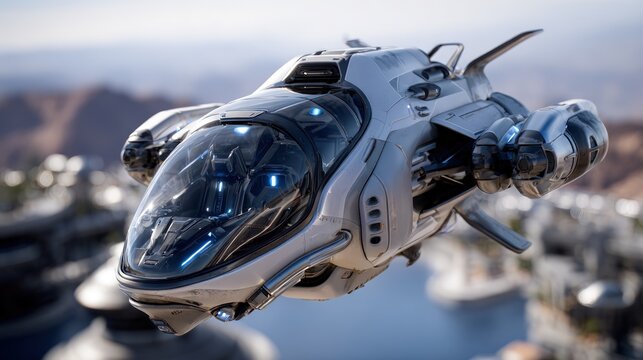 A futuristic, sleek craft, silver and gleaming, hovers against a hazy backdrop of desert mountains and a distant cityscape.