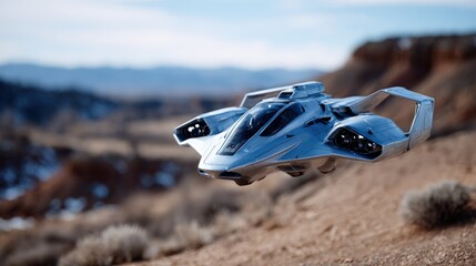 Futuristic, silver-toned flying vehicle soaring above a desert landscape.
