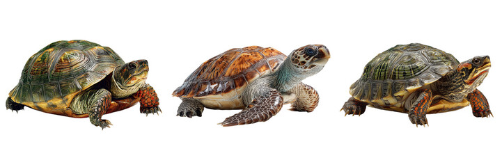 Obraz premium Set of Gentle watercolor aquarelle illustration of a sea turtle in motion on transparent png background. Ai generated