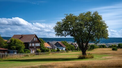 Obraz premium A picturesque rural scene showcases a cluster of traditional wooden houses nestled in a grassy meadow, under a vibrant blue sky dotted with fluffy white clouds, a large tree standing tall in the...