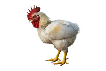 Fototapeta premium A white rooster with a red comb stands against a transparent background, showcasing its detailed plumage and yellow legs. background removed