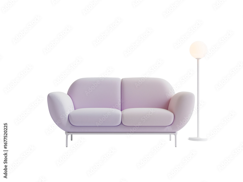 Poster minimalist mauve sofa accompanied by a spherical lamp on an isolated background creating a