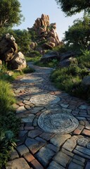 A sunlit stone path winds through a lush, verdant landscape towards a rocky outcrop, featuring decorative circular stones inlaid within the path
