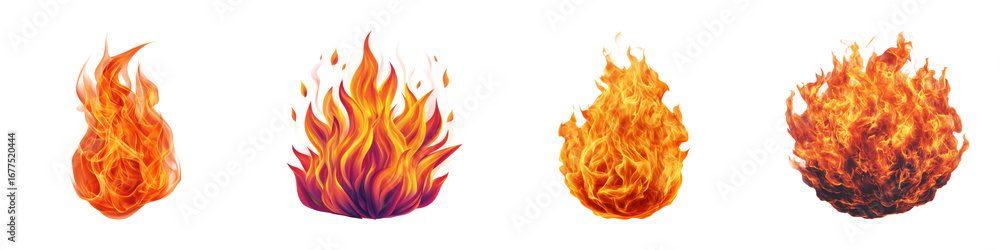 Poster a series of stylized flames showcasing various shapes and intensities, featuring vibrant colors and 