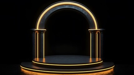 A dark, dramatic archway podium, illuminated by glowing, golden neon lines, creates a sophisticated and elegant display space.