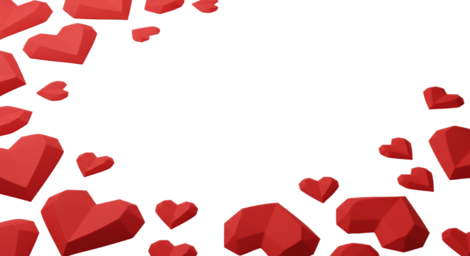 Multiple intricate 3D red paper hearts of varying shades and sizes, scattered on transparent background with copy space, lit by soft studio light, concept of care and connection