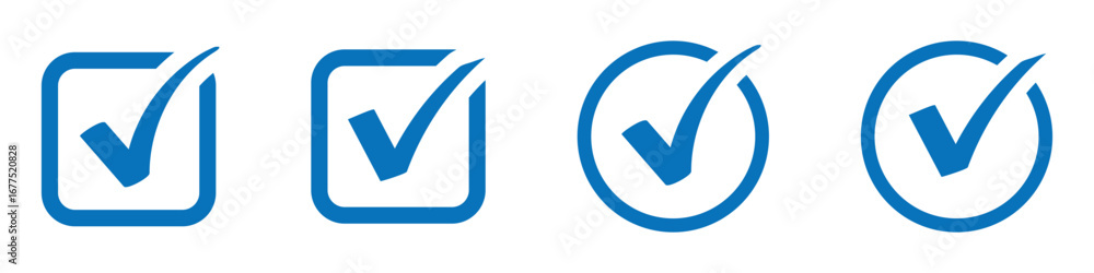 Poster check box icon with correct, accept checkmark icons, blue tick box, check list circle frame. checkbo