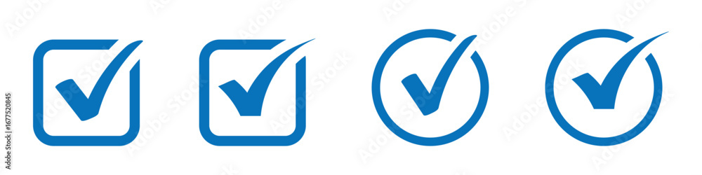 Poster check box icon with correct, accept checkmark icons, blue tick box, check list circle frame. checkbo