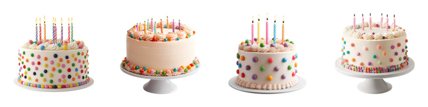 A variety of colorful birthday cakes with candles, showcasing different designs and decorations, ideal for celebrations.