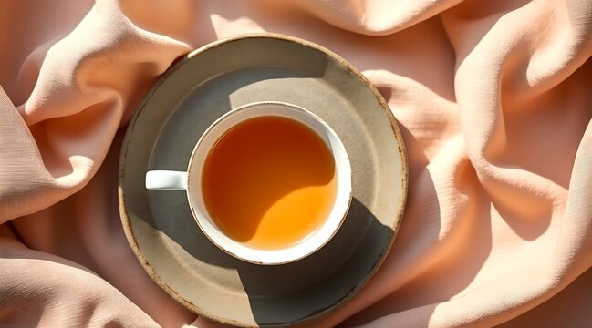 A hot cup of tea in a serene atmosphere, captured from a top down perspective, The image should be taken with sunny peach tones and have ample copy space at the bottom for text