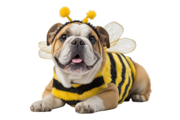 Bulldog puppy wearing a bumblebee costume with wings and antennae isolated on a transparent background