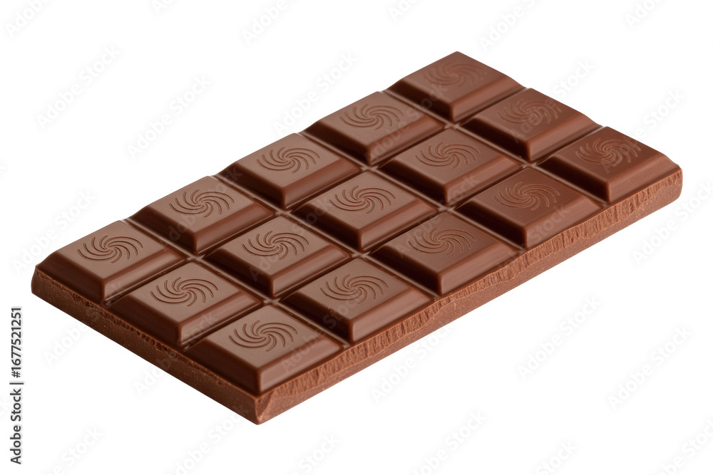 Poster a delicious milk chocolate bar, segmented into squares with swirl designs, isolated on a transparent
