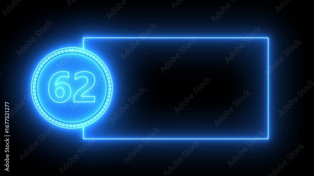 Poster blue neon number 62 inside circle with rectangular frame on black background sixty two numeral
