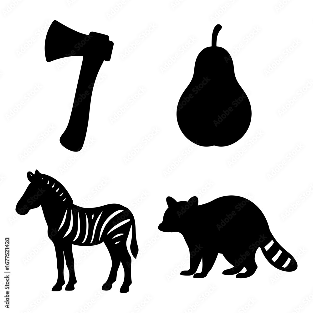 Poster axe pear zebra and raccoon silhouettes arranged on a white background in a simple graphic design sty