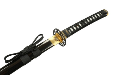 Fototapeta premium Close-up of a black katana with gold accents, showcasing intricate details of the tsuka and tsuba. background removed