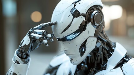 Fototapeta premium Futuristic humanoid robot making a ‘use your mind’ gesture, hand touching head.