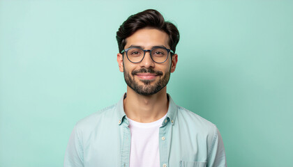 Fototapeta premium Smiling man with glasses on mint green background friendly studio headshot