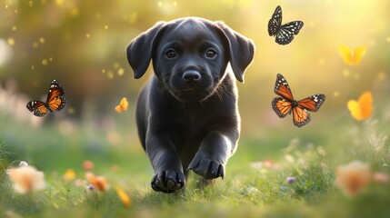 A playful Labrador puppy chasing butterflies in a green meadow