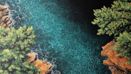 Aerial view of a tranquil cove; teal water, textured surface, framed by rocky shores with lush evergreen trees overhead