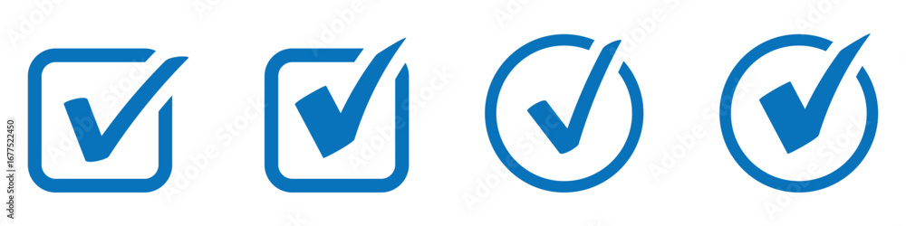 Aufkleber check box icon with correct, accept checkmark icons, blue tick box, check list circle frame. checkbo