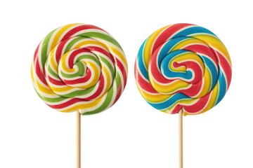 Two colorful swirl lollipops on sticks against a transparent background. background removed