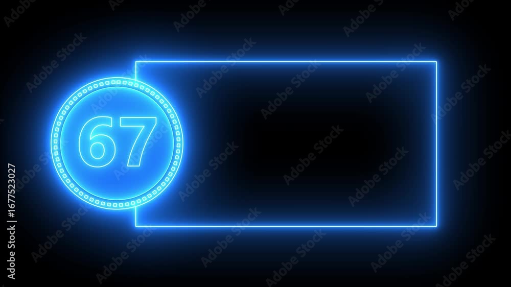 Aufkleber blue neon number 67 in circle with rectangular frame on black background sixty seven digit
