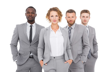 Diverse business team in grey suits standing together confidently isolated on a transparent background