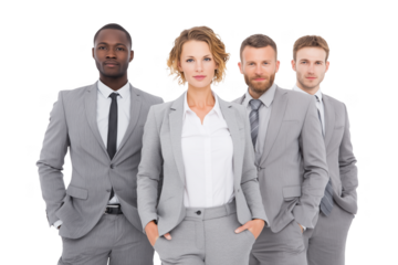 Diverse business team in grey suits standing together confidently isolated on a transparent background