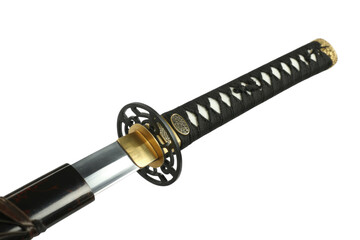 Close-up of a katana's tsuka (handle) and habaki (blade collar), showcasing intricate details and craftsmanship. background removed