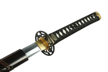 Close-up of a katana's tsuka (handle) and habaki (blade collar), showcasing intricate details and craftsmanship. background removed