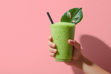 Hand holding green smoothie with leaf on pink background.